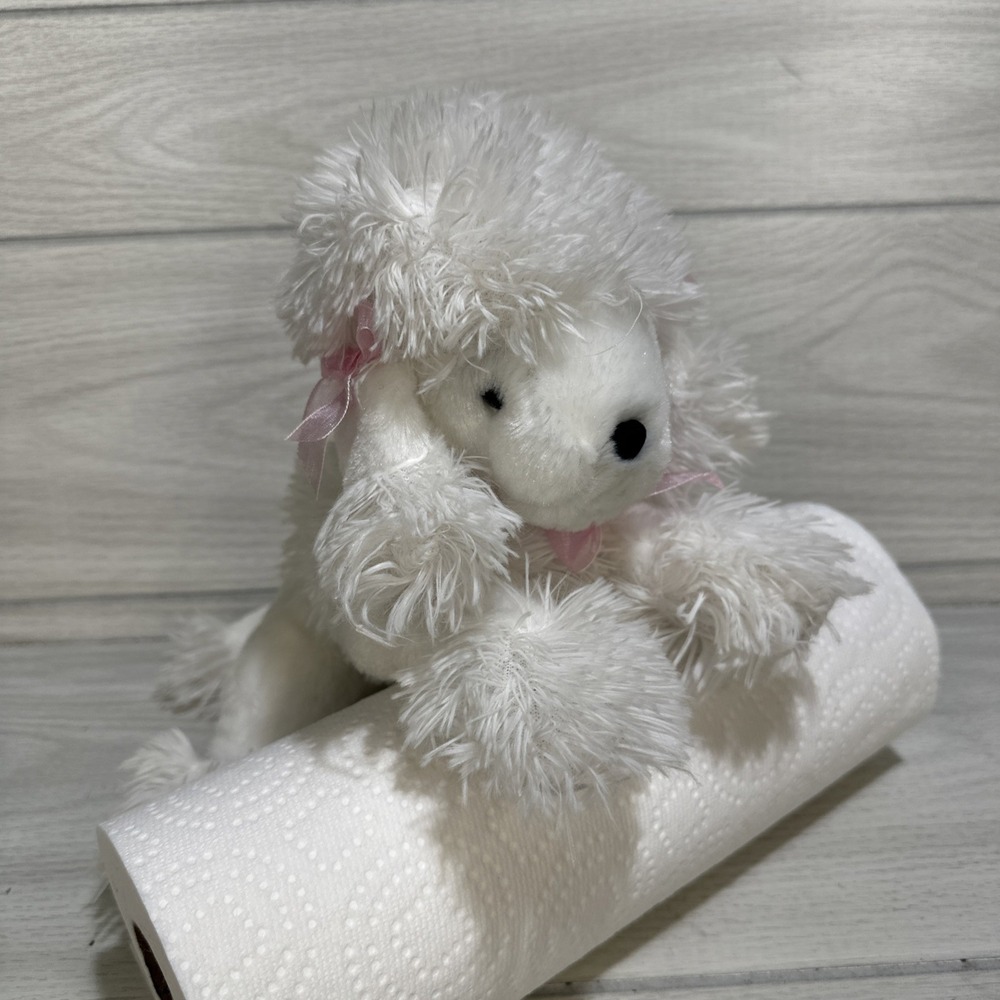 GOFFA White French Poodle Plush 12" Nose to Tail Pink Ribbons Vintage